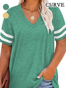 Camiseta casual de talla grande con cuello en V y rayas para el verano - Verde - Ver 1