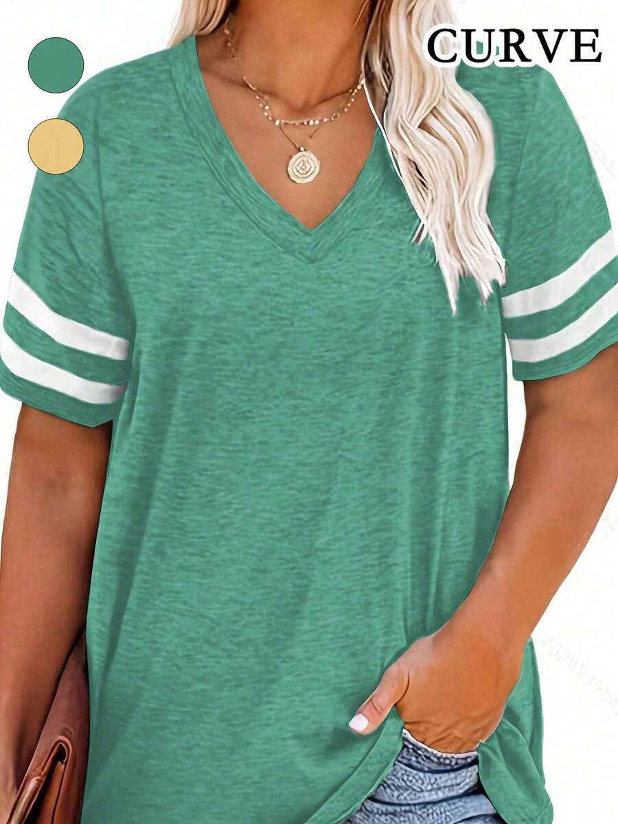 Camiseta casual de talla grande con cuello en V y rayas para el verano - Verde - Ver 1