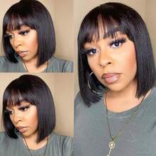 Straight Wig With Bangs Full Machine Made Wigs Synthetic Hair Wig Wear And Go Wig 200% Density Non Lace Front Wig For Women Short Bob Straight Glueless Bangs Wig Natural Black Color With Bangs For Women Daily Wear/Special Events - Natural & Black - View 7
