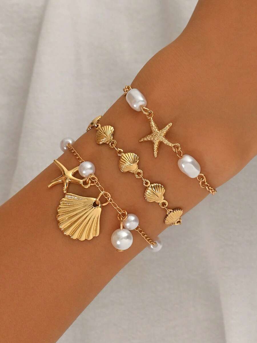 3件/組 夏季浪漫度假海洋風貝殼鍊飾手鍊 海星貝殼吊墜飾品 時尚金色組合手鍊組 適合女性日常配戴與海灘派對穿搭 手工鍊條可按長度剪裁 仿珍珠與貝殼數量隨機不固定 - 金色 - 查看 1