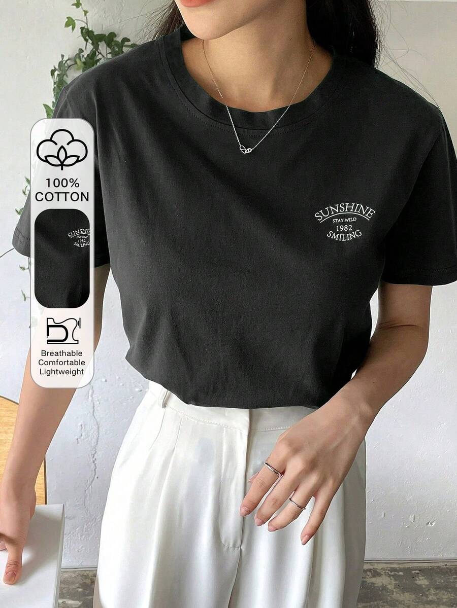 T-Shirt With Letter Print And Round Neck - Black - View 1