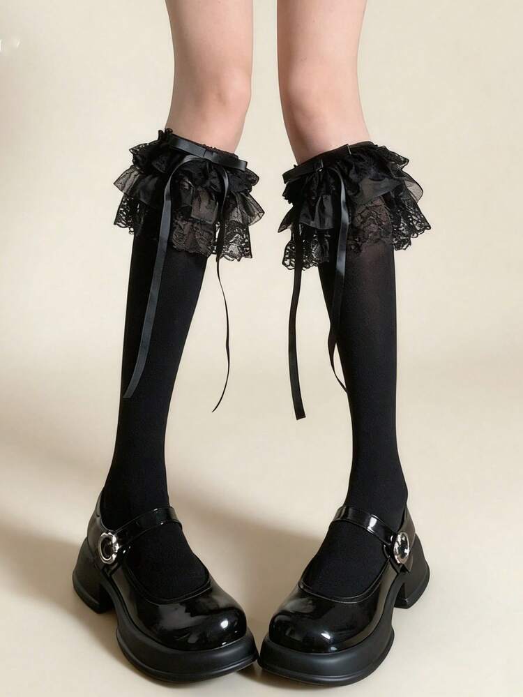 1雙女款春夏薄天鵝絨膝高襪，蕾絲飾邊附蝴蝶結，蘿莉塔甜美風，適合日常穿搭 - 黑色 - 查看 6