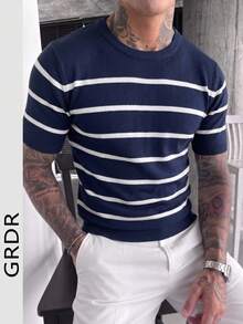 GRDR Men's Summer Knit Striped Short Sleeve Sweater, Versatile For Summer Socializing And Dining - Navy Blue - View 4