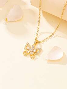 1pc Elegant Butterfly Shaped Necklace, Copper Inlaid With Clear Cubic Zirconia, Gold Tone Stainless Steel Link Chain, Women's Jewelry For Gift/Date - Multicolor - View 4