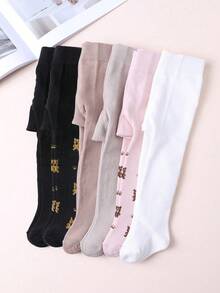 6 Pairs Girls' Simple Cute Solid Color And Bear Pattern Combination Tights, Tight Leggings Suitable For Spring, Autumn And Transitional Seasons, Daily Basic Style, Suitable For 0-3 Years Old Babies - Multicolor - View 2