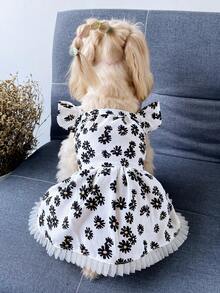 1pc Pink Daisy Flutter Sleeve Pastoral Style Doll Dress For Pets Cats And Dogs - Black and White - View 2