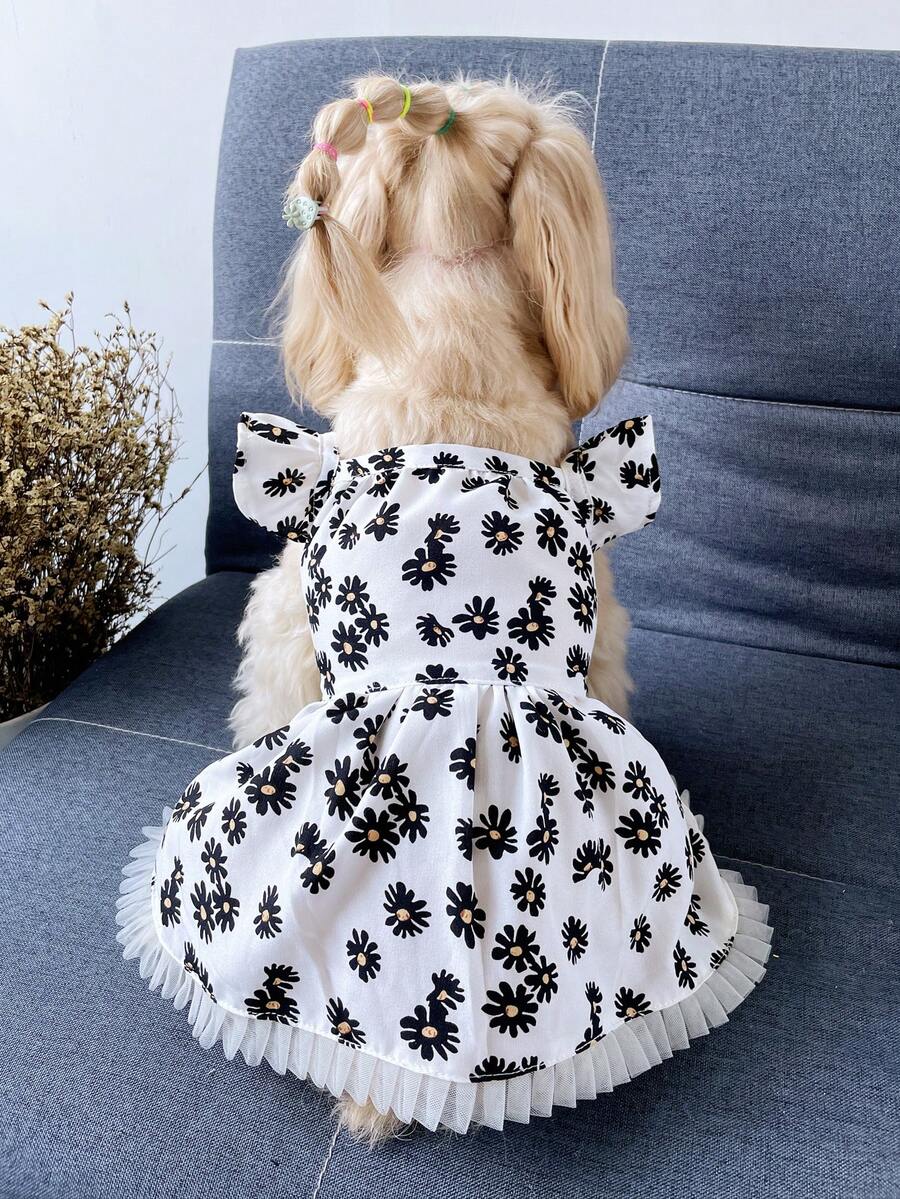 1pc Pink Daisy Flutter Sleeve Pastoral Style Doll Dress For Pets Cats And Dogs