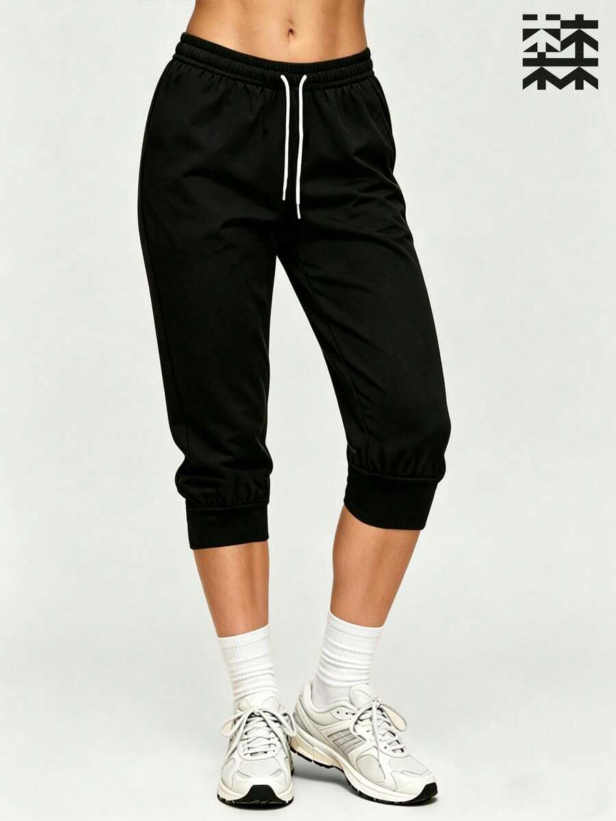 mulinsen Women's Outdoor, Home And Sports 3/4 Pants - Solid Color Minimalist Style, Comfortable Breathable Fabric, Fitted, Suitable For Jogging - Black - View 1