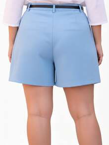 Women's Plus Size Tailored Shorts With Belt And Pockets, High Waist - 淺藍色 - 查看 3