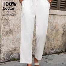 MewMuse.  Pantalones casuales versátiles de uso diario con cintura con cordón y rayas para mujer - Blanco - Ver 2