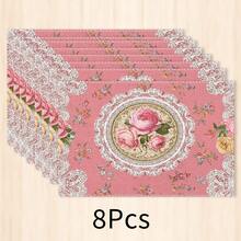 1pc Floral Pattern Placemat, Breakfast Mat, Coffee Mat, Coaster Set, Bowl & Plate Mat, Home Decor, Kitchen Accessory, Easy To Clean Placemat, Suitable For Home, Kitchen & Dining Table Decor, Holiday Gift, Multi-Piece Combination Pack, Linen Placemat - Multicolor - View 17
