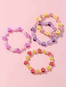 4pcs/Set Girls Cute Flower Polymer Clay Beaded Bracelet & Hand Chain Jewelry Set, Suitable For Holiday Parties, Campus And Daily Wear - Multicolor - View 5