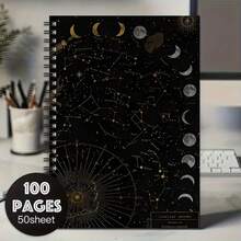 星空星座與月相藝術 A5 螺旋筆記本，螺旋裝訂，50 張 100 頁，學生課堂筆記、辦公會議記錄，便攜式計畫本與日記，學校用品 - I - 查看 1