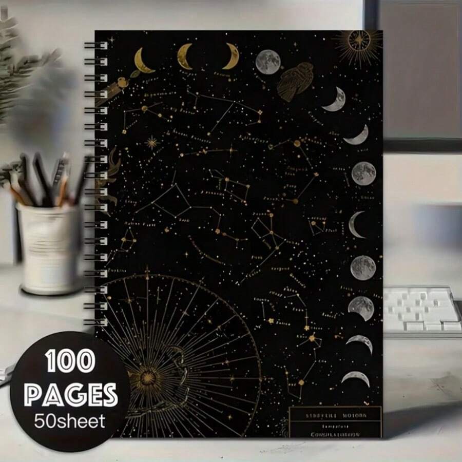 星空星座與月相藝術 A5 螺旋筆記本,螺旋裝訂,50 張 100 頁,學生課堂筆記、辦公會議記錄,便攜式計畫本與日記,學校用品 - I - 查看 1