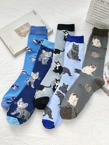 1/5 Paar blaue niedliche Katzenmuster lange Socken, Damen lustige lässige Tierserie Socken, atmungsaktive und feuchtigkeitsableitende Sportsocken, geeignet für Outdoor-Sport, Heimfitness, tägliches Pendeln - Verschiedenfarbig - Übersicht 11