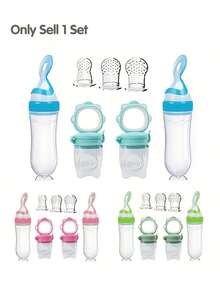7pcs Baby Feeding Set : 2 Silicone Baby Bottles With Spoon For Rice Cereal, 2 Fruit And Vegetable Feeders, 3-Size Nipples, All In A Baby Feeding Set - Multicolor - View 1