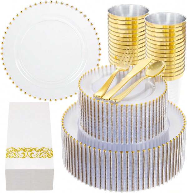 350pcs Elegant Clear And Gold Disposable Dinnerware Set For 50 Guests Includes Plates Cups And Gold Cutlery For Weddings And Parties