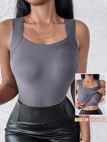 ChicMe 女款無縫內墊背心，無袖方領細肩帶背心，高彈性修身，休閒基礎內搭夏季款 - 灰色 - 查看 3