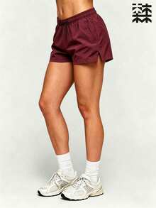 mulinsen Women's Casual Drawstring Waist Sports Shorts With Side Slit Pockets - Burgundy - View 2