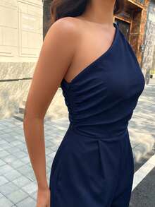 女款純色單肩休閒連身褲，附口袋，適合夏季度假、婚禮、外出等場合，簡約無袖休閒連身褲，隨性風格 - 藏蓝色 - 查看 8