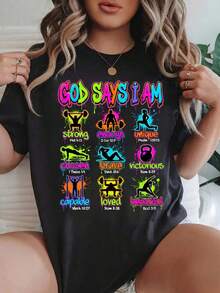 Pure Cotton Blouse, Round Neck, Short Sleeve, Summer Top With Inspirational Phrase "God Says I Am" - Lightweight, Soft, Breathable, Ideal For Workouts And Everyday Wear - Casual Style For Women - 黑色 5 - 查看 1