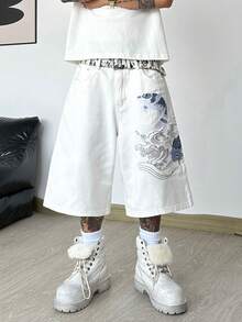 Justice Brother 1pc Hong Kong Style Brand Personalized Koi Fish Embroidery Niche Design Men's White Denim Mid-Length Shorts Fashion Versatile Wide Leg Casual Comfortable Bermuda Shorts (Belt/Accessories Not Included) - White - View 7