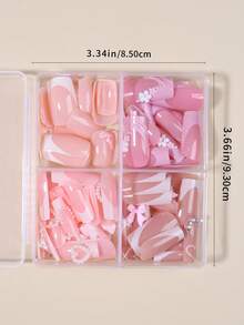 96pcs/ (4 Estilos) Juego, Uñas Postizas Rectangulares 3D de Gel con Estilo Francés, Decoradas con Perlas, Lazos y Flores, Fáciles de Aplicar y Quitar - Multicolor - Ver 5