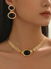 2pcs/Set French Vintage Black & Gold Metal Chain Necklace & Earrings Set, Women's Banquet Party Gathering Ball Versatile Daily Social Gift Jewelry Set - Set - View 1