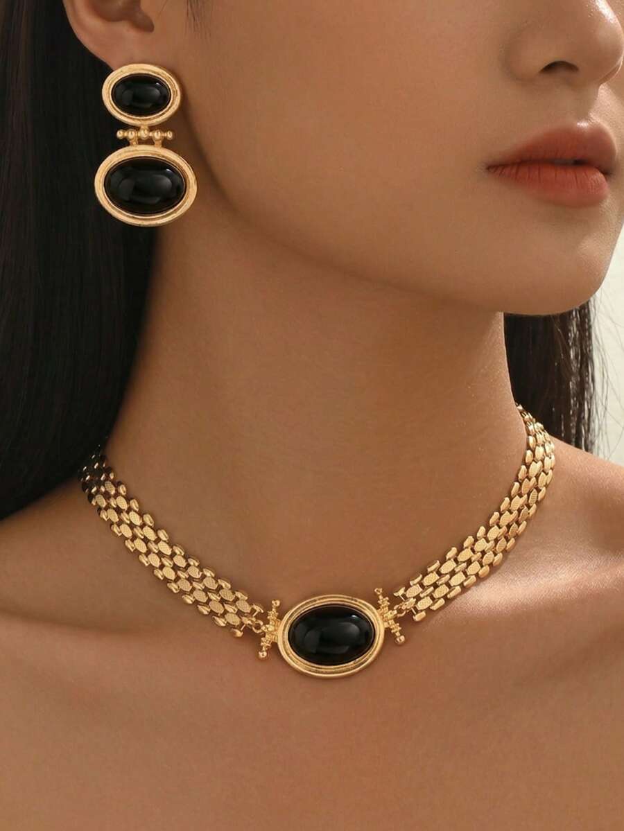 2pcs/Set French Vintage Black & Gold Metal Chain Necklace & Earrings Set, Women's Banquet Party Gathering Ball Versatile Daily Social Gift Jewelry Set - Set - View 1