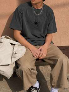 1pc Tween Boys Fashion Hip-Hop Casual Spider Print Faux Suede Short Sleeve T-Shirt - Grey - View 7