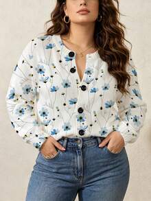 ASHKATIA Women's Plus-Size Vintage Cardigan Sweater, Fall Winter Knit For Social Occasions Fresh Floral Pattern - Multicolor - View 7