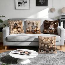 4 piezas Fundas de cojín/almohada con estampado de cuadros de café vintage impreso en un solo lado, fundas de cojín decorativas para crear ambiente en múltiples escenas, adecuadas para sala de estar, sofá, dormitorio, sin rellenos de cojín, 40x40cm/45x45cm/50x50cm - Multicolor - Ver 6