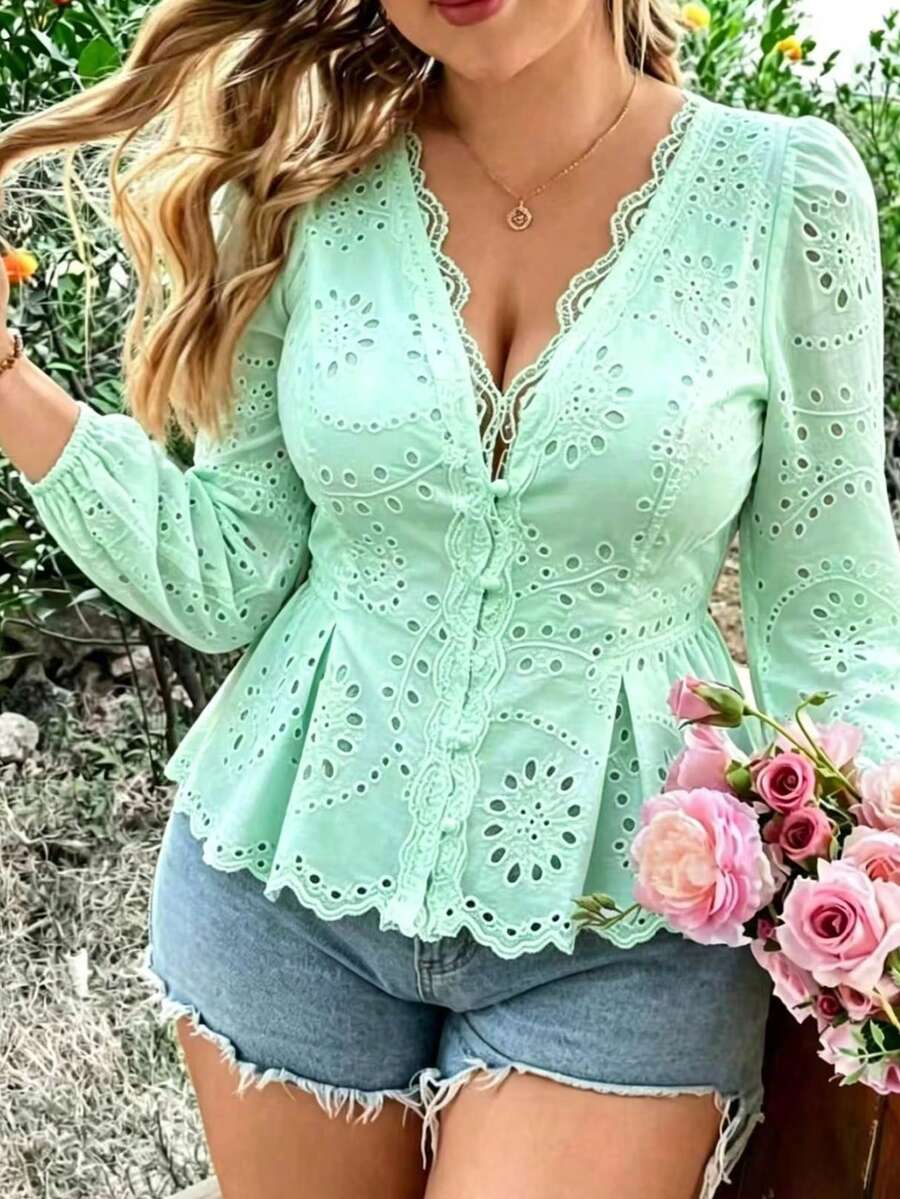 Plus Size Women's Casual Commuter Blouse, Mint Green Embroidered Fabric With Lace Trim, Mushroom Button, Ruched Waist, Single Layer Sleeve, Elegant Vacation Wear - Mint Green - View 1