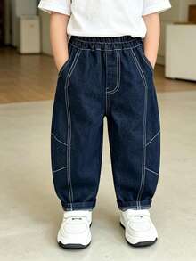 Boys' Toddler All-Season Solid Color Straight Leg Denim Jeans, Suitable For Daily, Home And Outdoor Wear - Navy Blue - View 4