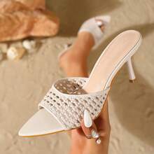 Pointed Toe Hollow Woven High Heel Half-Sling Sandals - Beige - View 9