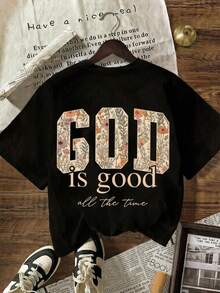 Plus Size Black T-Shirt For Women With The Slogan "God Is Good All The Time" And Floral Print On The Letters, Short Sleeve, Casual Style. - 白色 - 查看 2