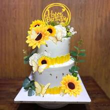 - Decoracin para tartas de girasol, 28 piezas, acrlico multicolor, seda, shower, decoraciones de boda, mariposa, eucalipto, rosa, decoracin de feliz cumpleaos - Girasol - Ver 3