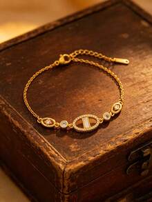 1pc New D-Shaped Double-Sided Rhinestone Bracelet For Women, Simple Versatile Gold-Plated CD Hand Jewelry, High-End Luxury Gift For Best Friend - CD Bracelet - View 3