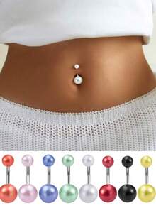 8pcs Minimalist Pearl Stainless Steel Belly Piercing Belly Rings Belly Studs Suitable For Daily Commute Summer Beach Party Wedding - Pearl - View 1