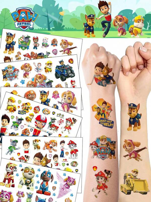Paw Patrol ملصقات كلب لطيف من باو باترول تشيس وسكاي، ملصقات مؤقتة مقاومة للماء، فن الجسم كاواي لأفضل الأصدقاء رايدر، ديكور حفلة عيد ميلاد للتمثيل والارتداء اليومي، وشم