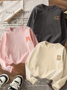 Tween Girl 3pcs Solid Color Casual Long Sleeve T-Shirts, Suitable For Tween GirlsAutumn/Winter Tops, Young Student Children's Clothing, Suitable For Outerwear And Layering - Multicolor - View 2