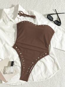 Traje de baño de una pieza para mujer de verano, unicolor con diseño de remaches, sin espalda, bandeau, diseño de corte de diseñador, adecuado para playa, piscina, ropa de vacaciones de verano, unicolor acanalado sin espalda para vacaciones en la playa, graduación, baile de graduación, cumpleaños, unicolor negro con perlas para vacaciones en la playa - Marrón Mocha - Ver 8