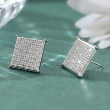 Classic Luxury Square Stud Earrings, Inlaid With Shiny White Cubic Zirconia, Simple And Exquisite, Suitable For Daily And Date Wear. - Silver - View 7
