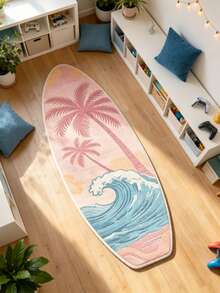 1 pieza Alfombra de piso asimétrica con forma de tabla de surf de árbol de coco rosa, alfombra decorativa, decoración de dormitorio, alfombra pequeña, alfombra, decoración del hogar, alfombra de sala de estar, alfombra pequeña de sala de estar, alfombra de dormitorio, decoración del hogar de sala de estar, alfombra de exterior, alfombra lavable - Multicolor E - Ver 4