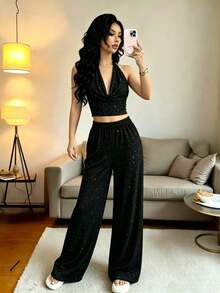 Two-Piece Set With Sequined Halter Neck Backless Top And Loose Wide-Leg Pants, Sexy Diva Style - Black - View 5