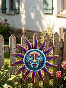 1 Piece Colorful Creative Sun Face Metal Wall Art Decor, 32cm Large 2.5D Outdoor Garden Artwork With Hooks On The Back, Reusable, Suitable For Outdoor Wall Decor, Garden Decor, Yard Decor, Porch Decor, Party Decor, Fence Decor - C - View 6