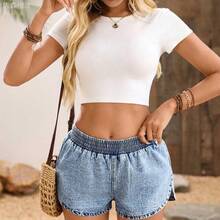 yonghongmaoyi1  Pantalones cortos vaqueros casuales y versátiles con cintura elástica y holgada para mujeres - Lavado ligero - Ver 7