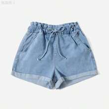 yonghongmaoyi1 Shorts en mezclilla de cintura con volante bajo de doblez - Azul lavado medio - Ver 6