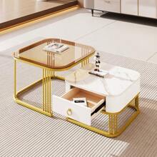 Stackable Coffee Table: Glossy Marble Look, Gold Details, Side Table With Drawers. Set Of Two Pieces. - White 1 - View 5