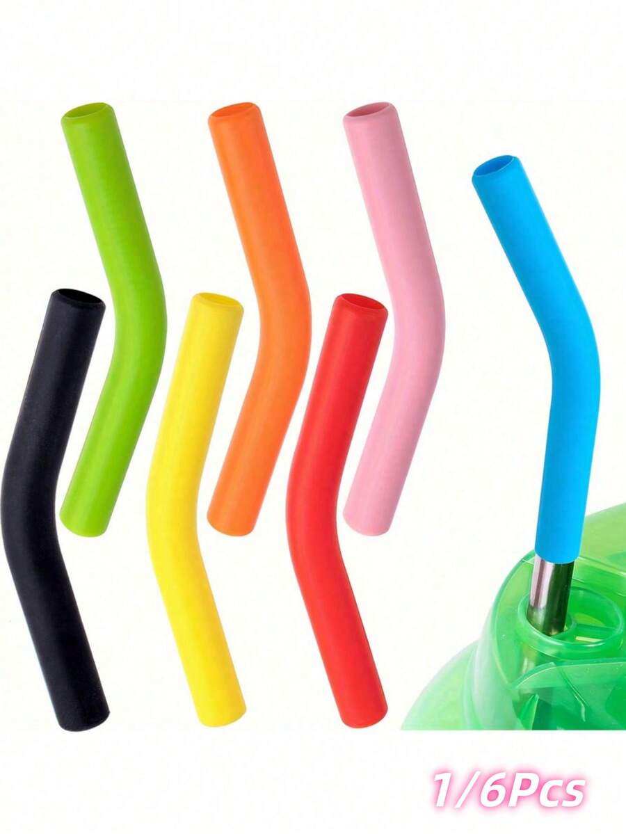 1/6pcs Reusable Silicone Straw Tips - 6 Pack, 5/16 Inch, Flexible Bent Design - Suitable For Smoothies And Cold Drinks, Cup Accessories
